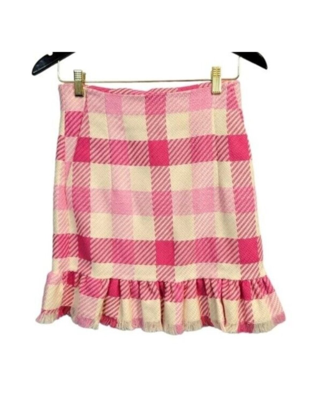 Uterque | Tweed Gingham Plaid Ruffle Skirt Pink White NWT